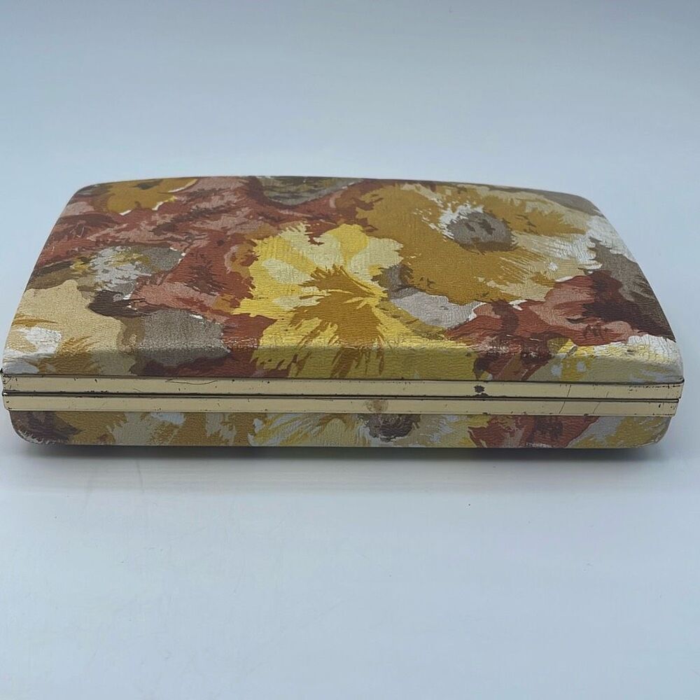 Vintage  70’s pierced earrings case. Golden rod floral print.